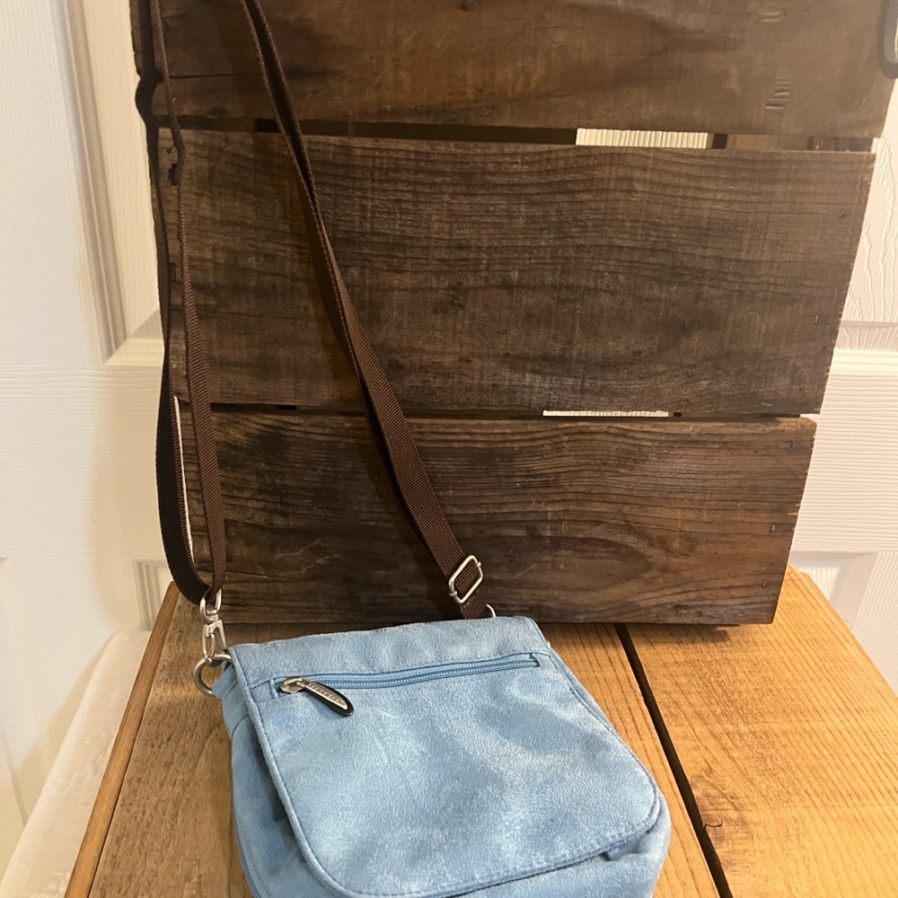 Travelon Sky Blue Crossbody Bag with Dark Brown Strap